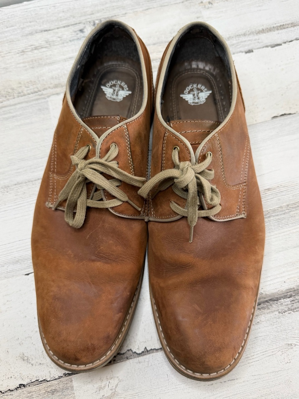 Dockers Men’s 13M Brown Leather Plain Toe Oxford Derby Lace Up Dress Shoes
